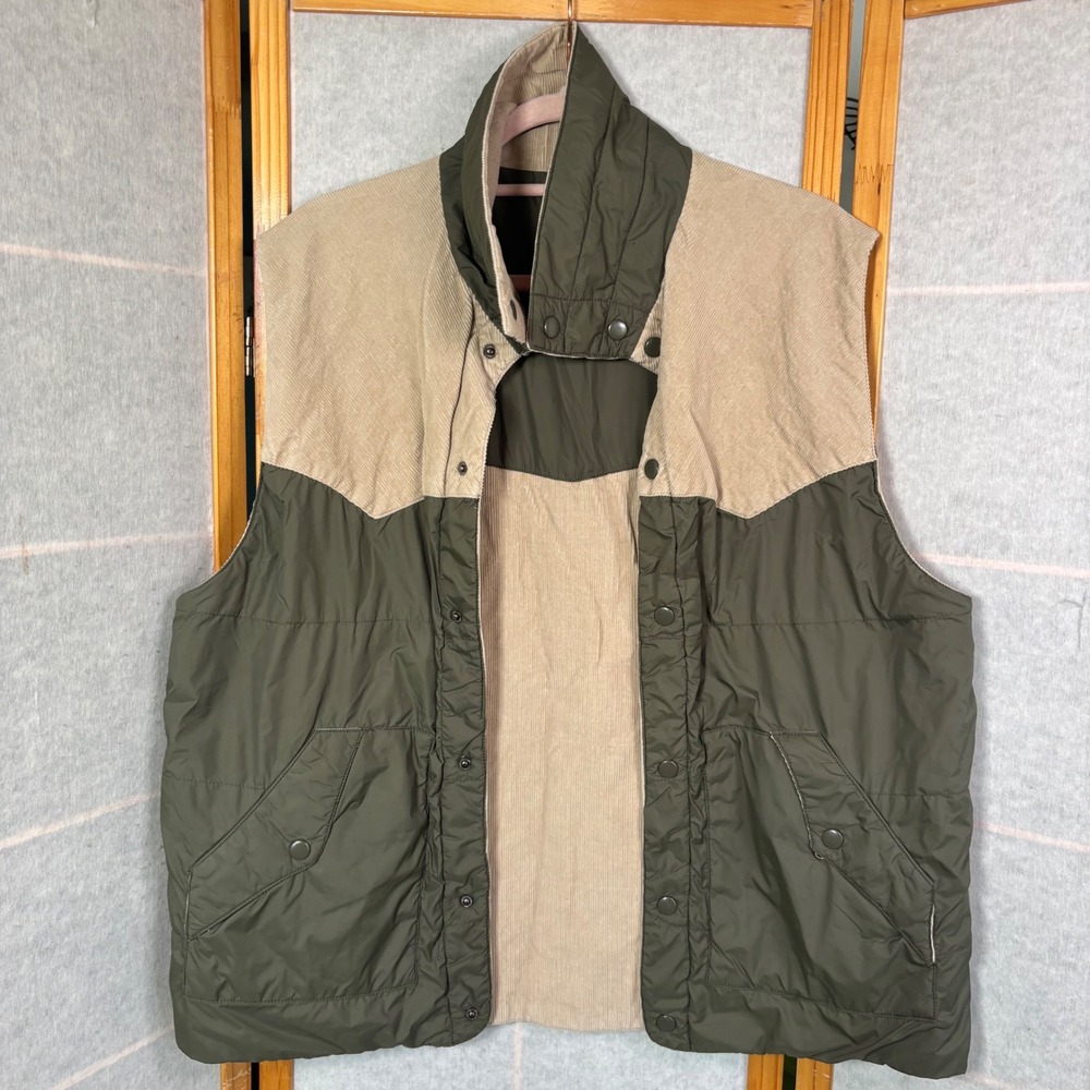 RuffHewn Reversible Puffer Vest M‎ Olive Tan Corduroy Western Yoke Snap Front